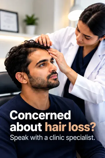 A clinic specialist examining a patient's hairline. Concerned about hair loss? Speak with a clinic specialist.