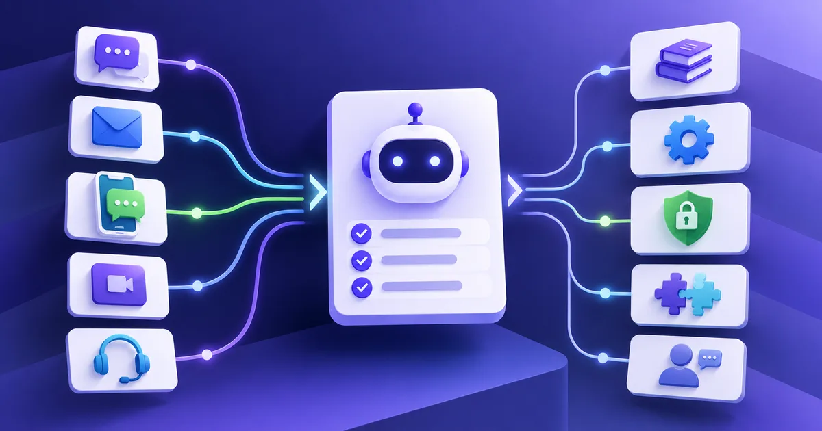 Business messaging channels flowing into an AI chatbot evaluation card for knowledge, workflows, security, integrations and human handoff.