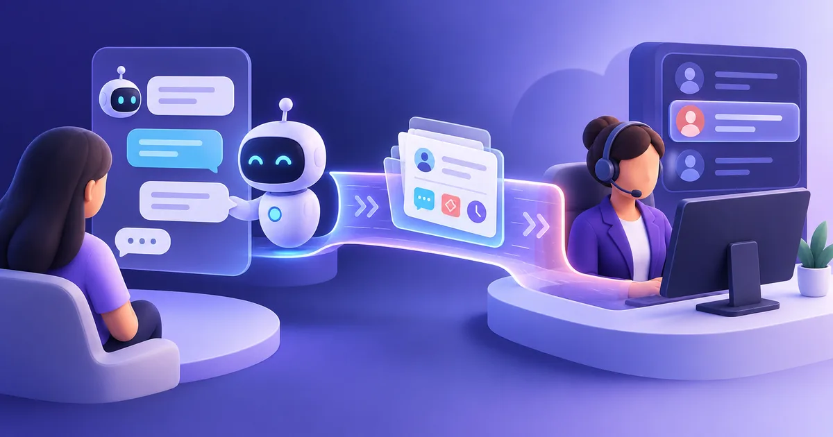 Customer service conversation moving from an AI chatbot through a transfer bridge to a human support agent with a structured context packet.