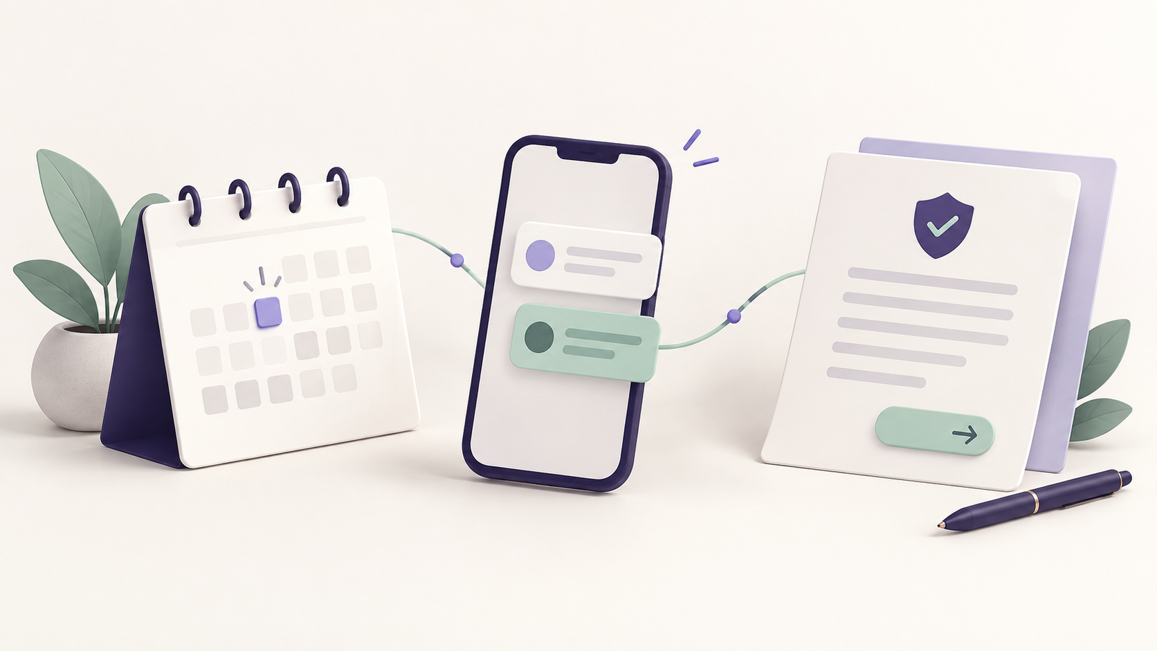 Illustration of a renewal calendar, mobile messages and an insurance document connected into one process.