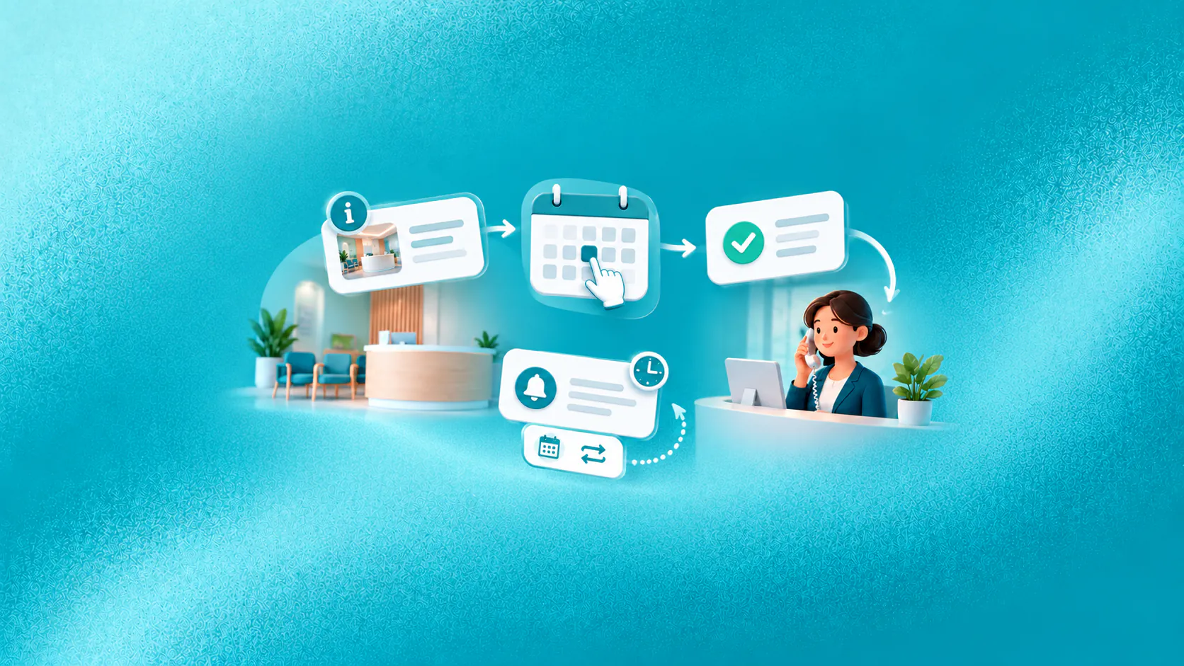 A clinic enquiry moves through approved service information, appointment confirmation, reminders and administrative handoff.