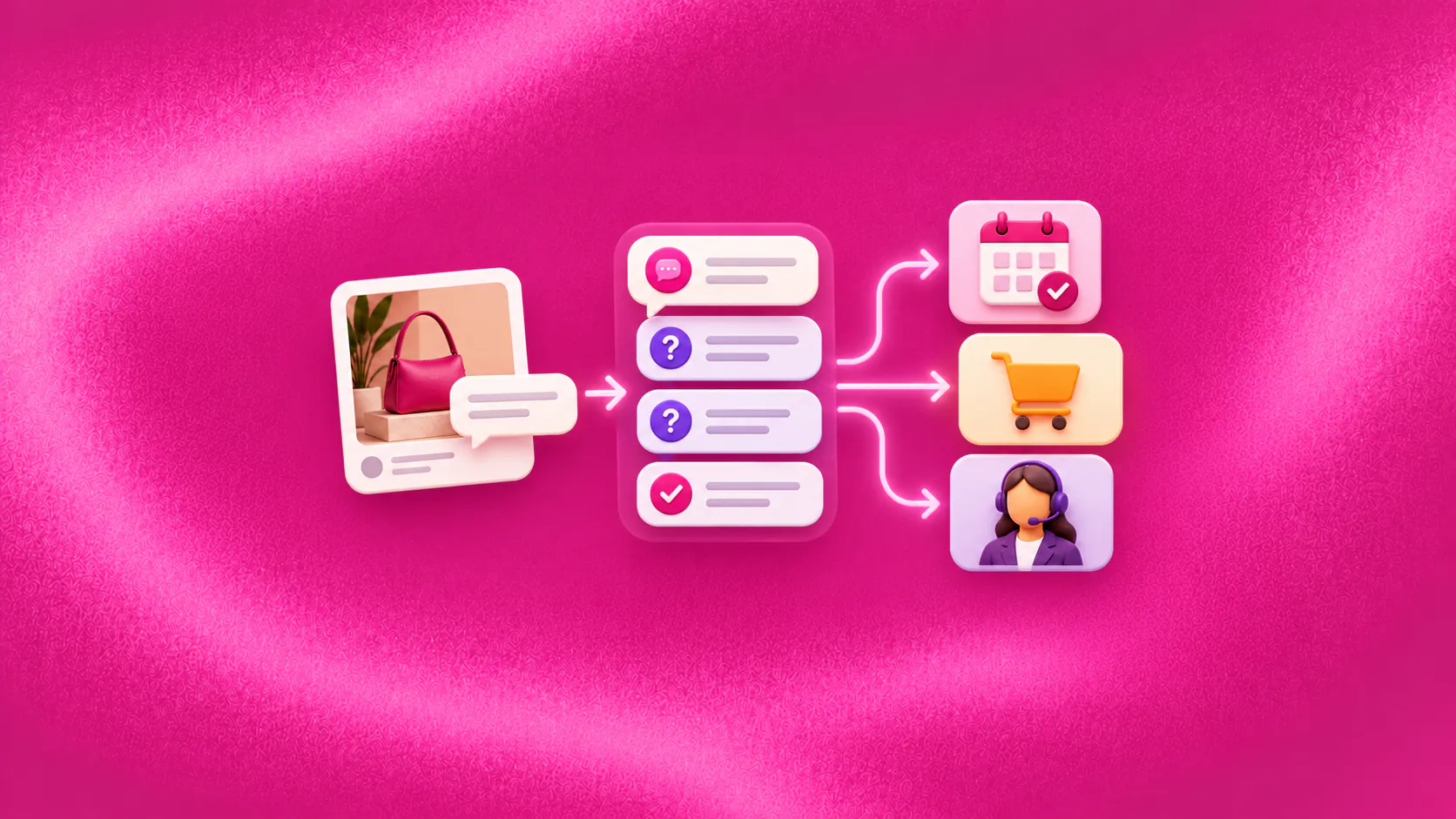 A social direct-message enquiry moves through qualification to booking, checkout or human support.