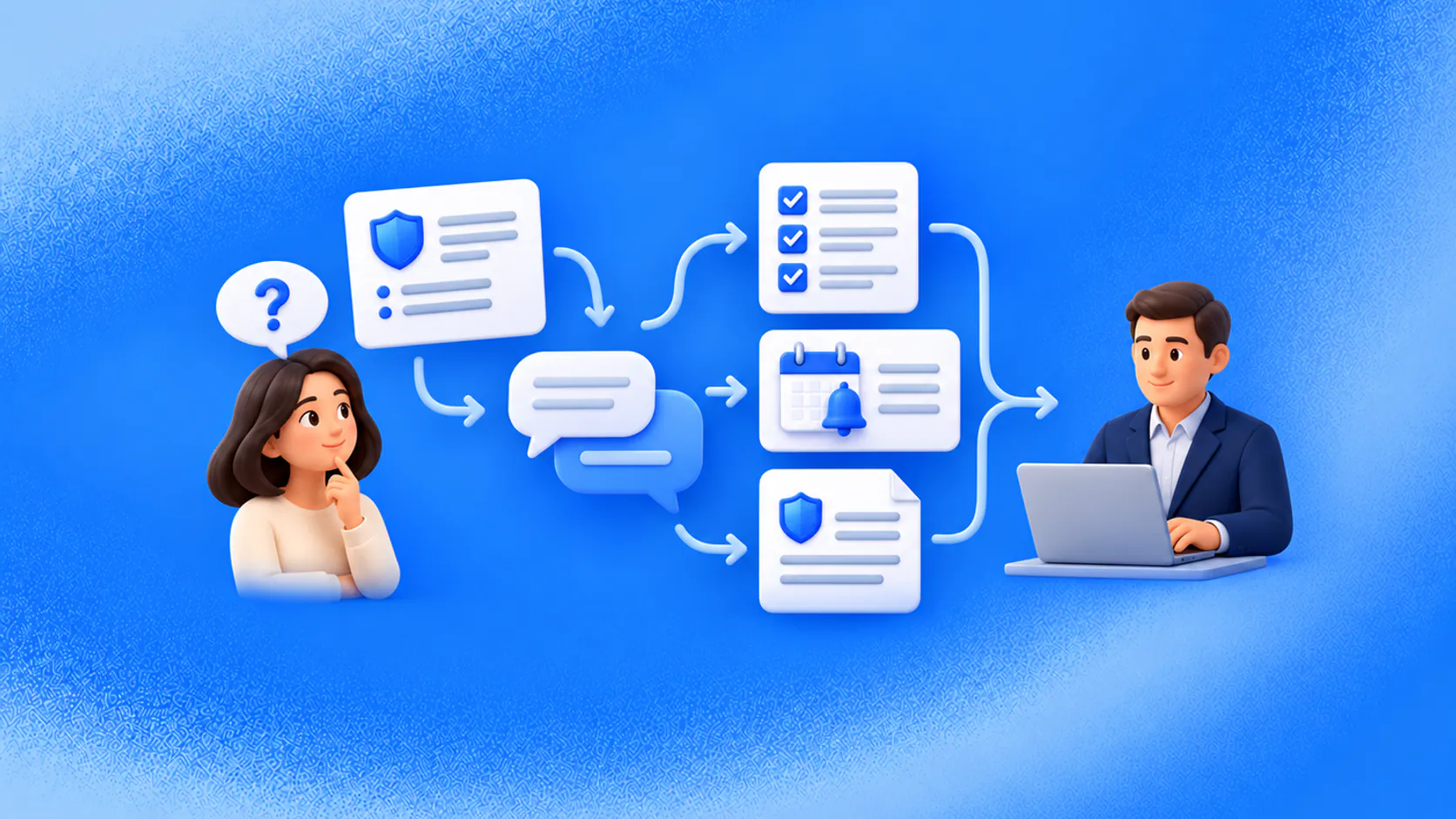 An insurance enquiry moves through policy information, application details, renewal reminders and claims intake before authorised review.