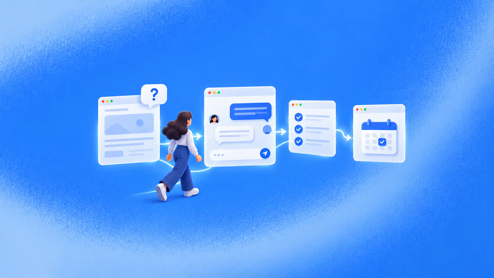 A website visitor moves from an unresolved question through guided conversation to a confirmed next step.