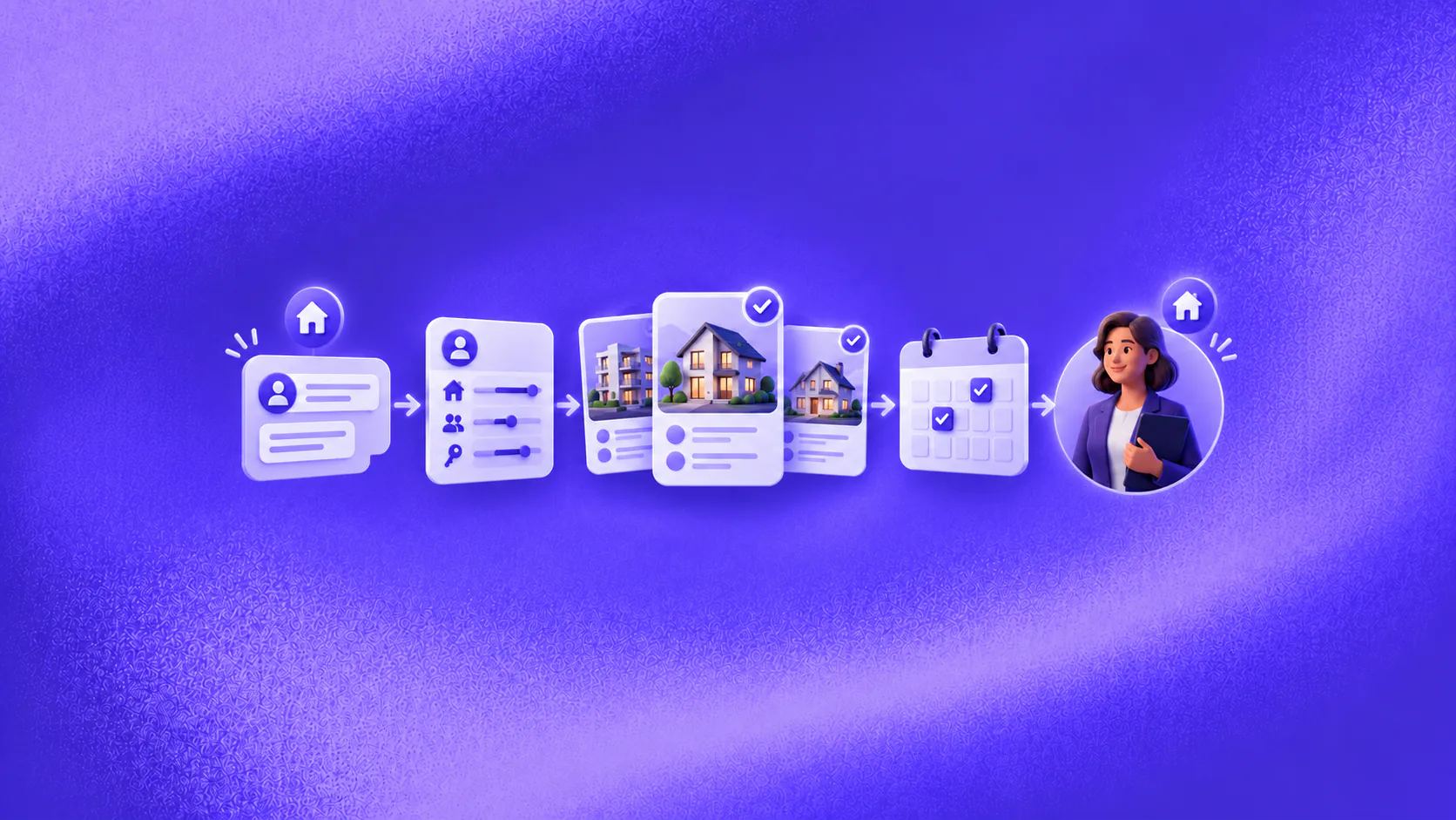 A property enquiry progresses through requirements, verified listings, a confirmed viewing and agent ownership.