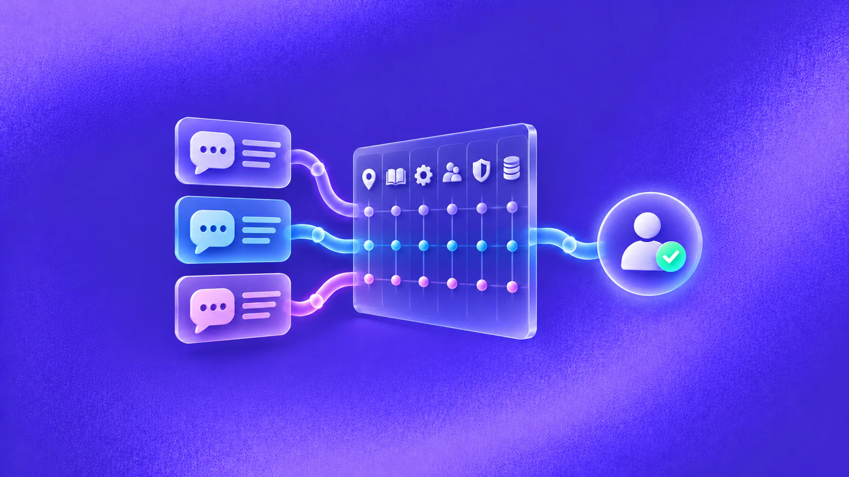 Three chatbot options pass through one evaluation scorecard toward a verified customer outcome.