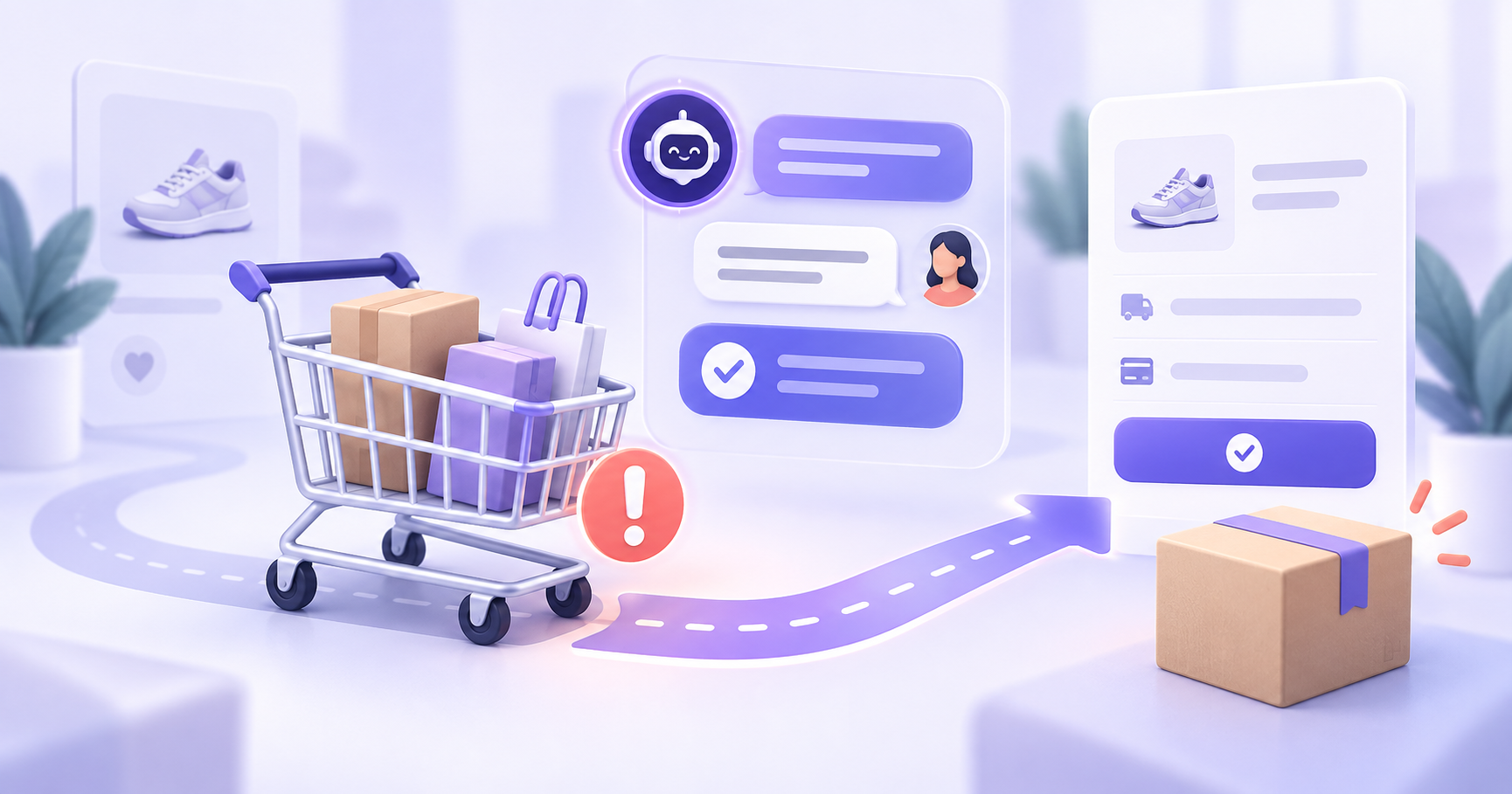 An ecommerce shopping cart beside a customer conversation showing product, delivery, payment, and return questions being answered before checkout.