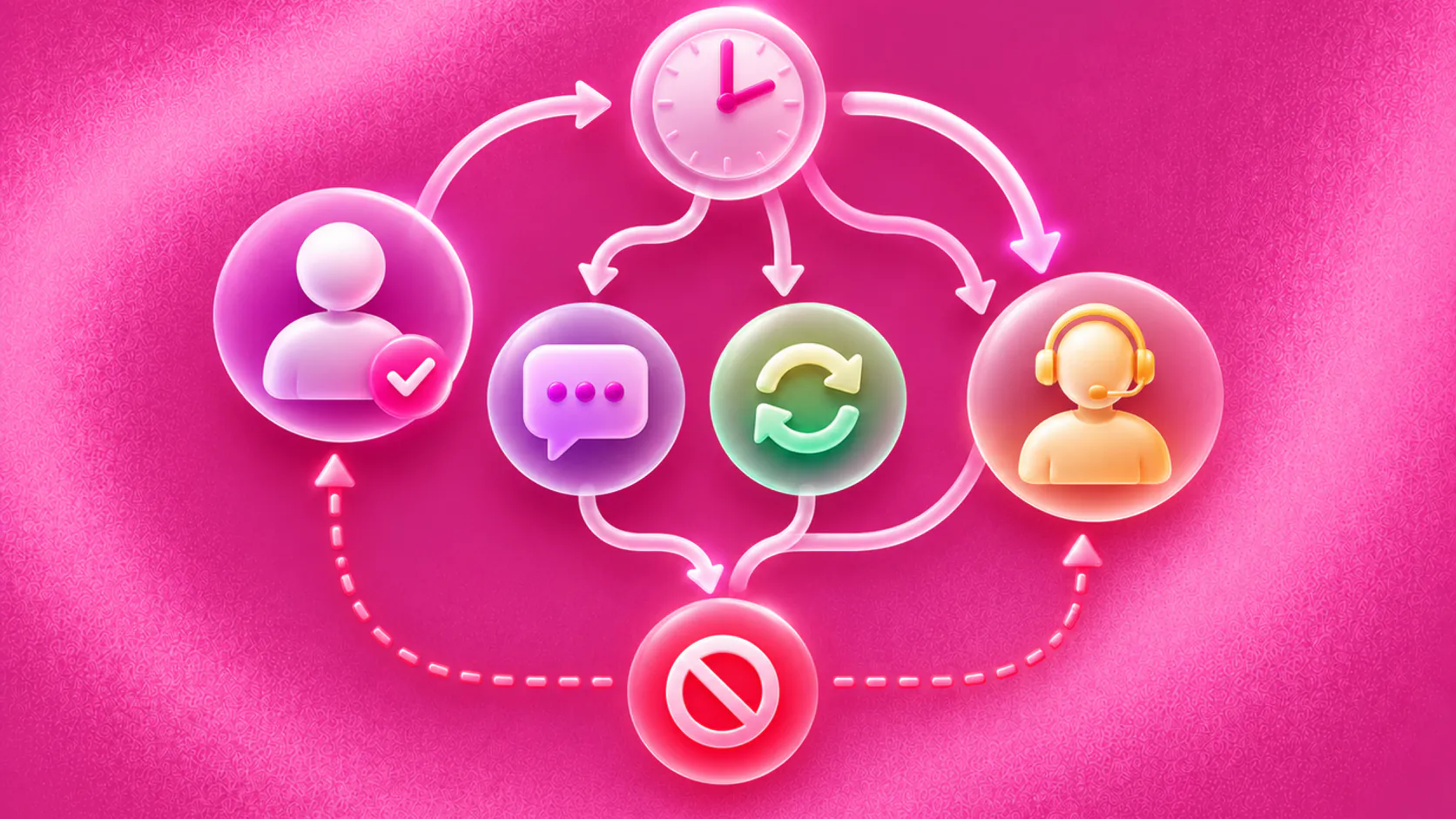 Timed customer follow-up branching into feedback, renewed service, suppression and human recovery