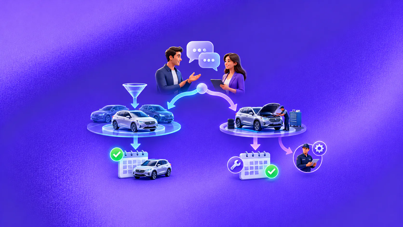 Dealership conversation branching into vehicle selection, test-drive booking and service scheduling