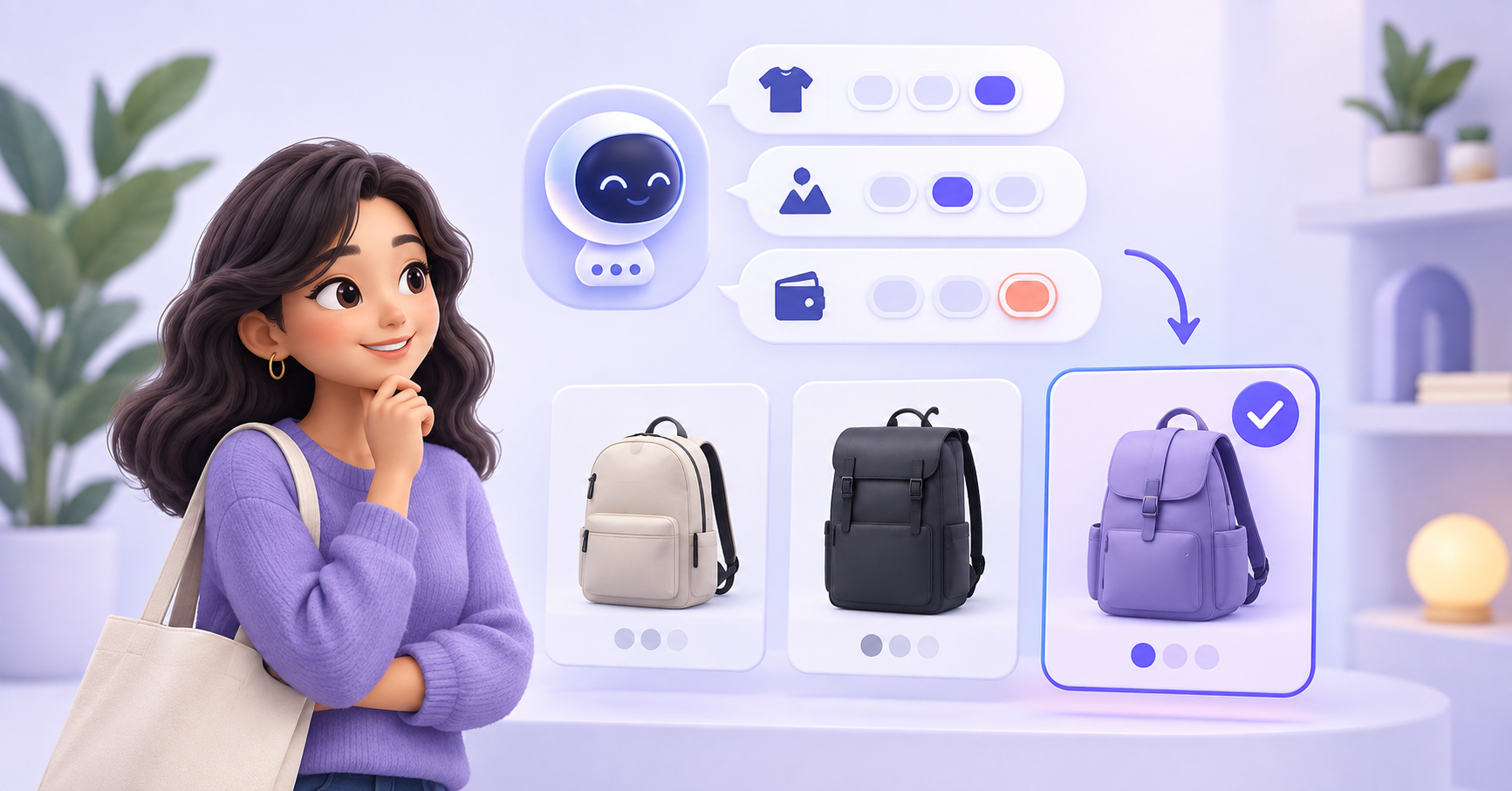 A shopper uses an AI product recommendation chatbot to compare product options based on their preferences and select a suitable item.