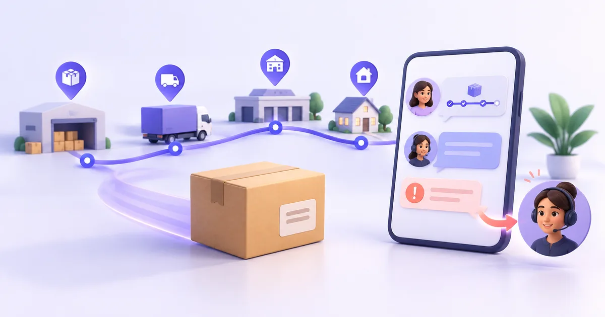 A parcel moves through delivery checkpoints while an AI customer support conversation explains its order status and transfers an exception to a person.