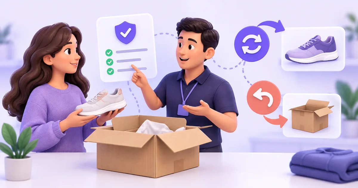 A customer uses an AI-supported returns workflow to check return eligibility and choose between returning a product or exchanging it for another variant.