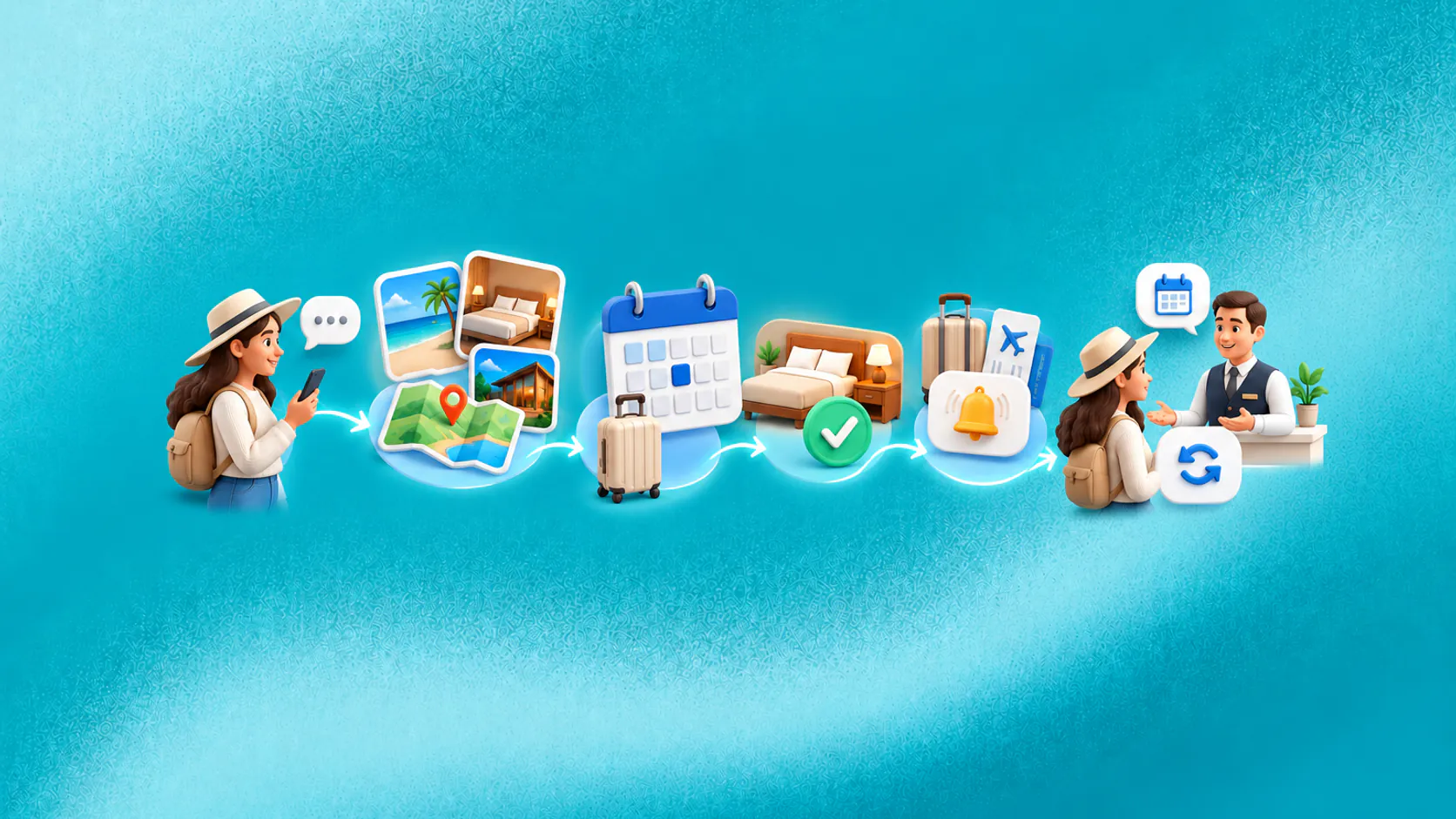 A travel enquiry progresses through destination discovery, reservation confirmation, reminders and a staff-supported booking change.